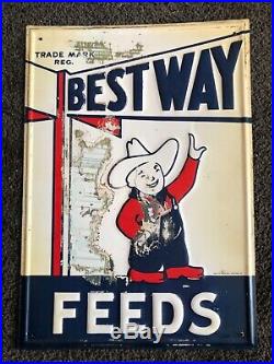 Vintage original Best Way Feeds sign- 1940/50s, metal, 10x14, barn find, rare