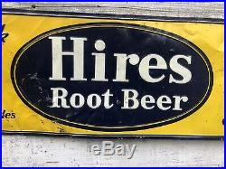 Vtg 1937 Hires Root Beer Sign Embossed Tin 27.5x 9.75 Rare Early Soda Pop Ad