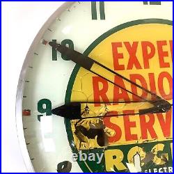 Vtg Expert Radio TV Service Rogers Tubes Bubble Glass Lighted Advertising Clock
