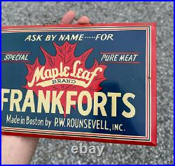 Vtg Maple Leaf Brand Frankforts Tin Over Cardboard Rare Boston Advertising Sign