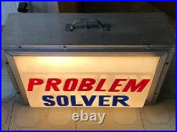 Vtg Problem Solver Lighted Flashing Counter Top Metal Sign Works Display