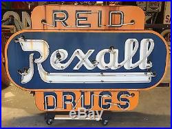 WOW VinTagE Original NEON REXALL DRUG Store Double Sided PORCELAIN Nice Sign OLD